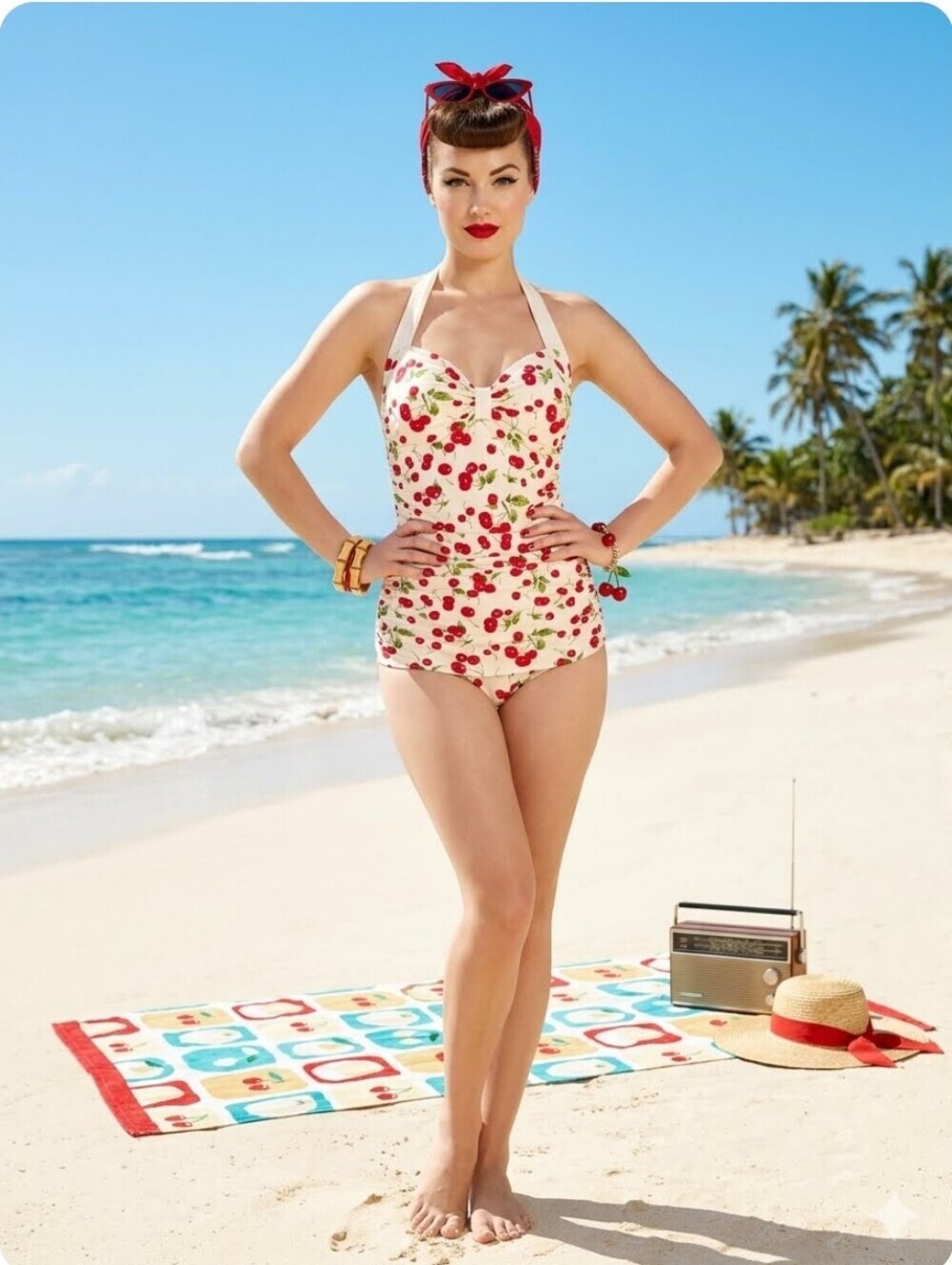 Paradise Cove Retro Cherry Pin-Up One Piece Swimsuit, VGUC, Size M